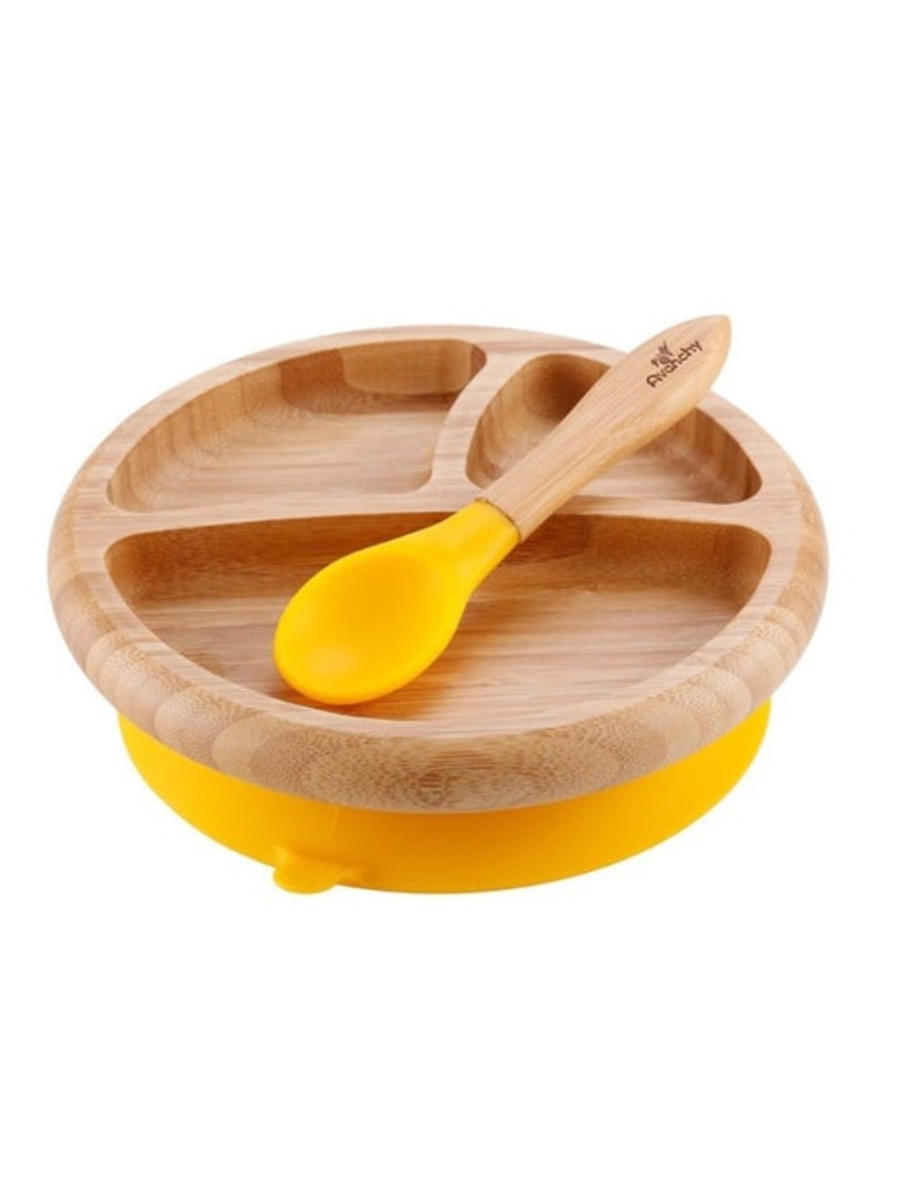 AVANCHY Bamboo Baby Divided Plate with Yellow Silicone Suction Base and Spoon